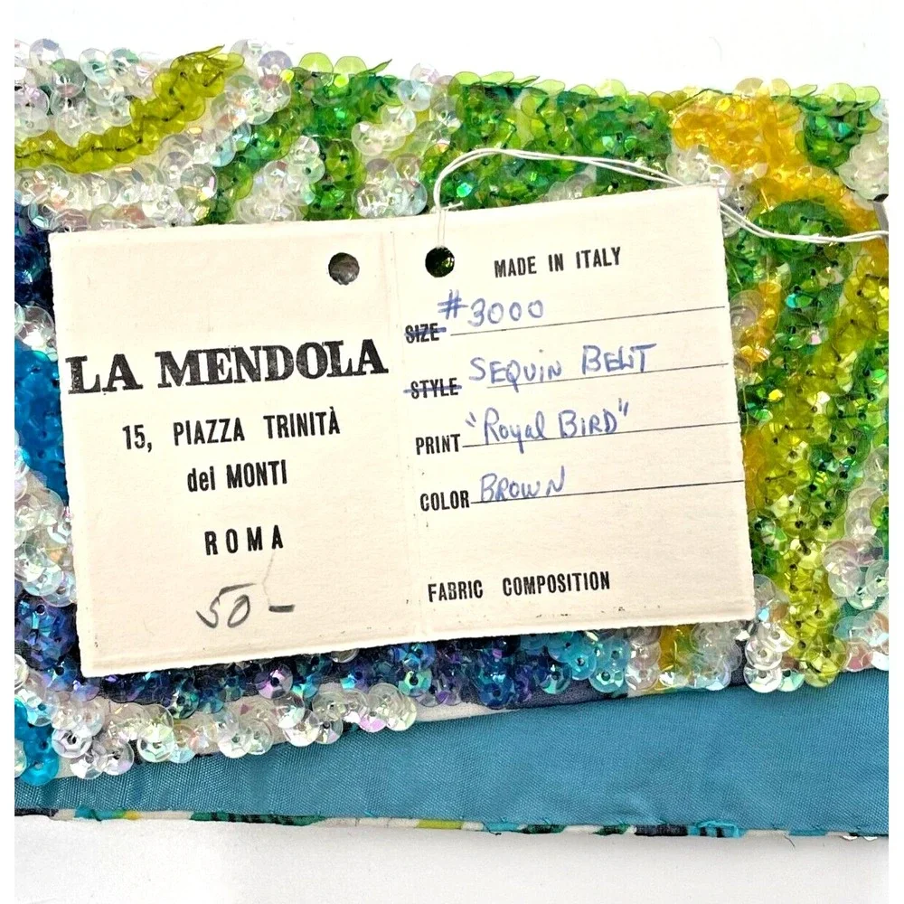 Vintage La Mendola Royal Bird Hand Beaded Blue White Pure Silk Chiffon Belt